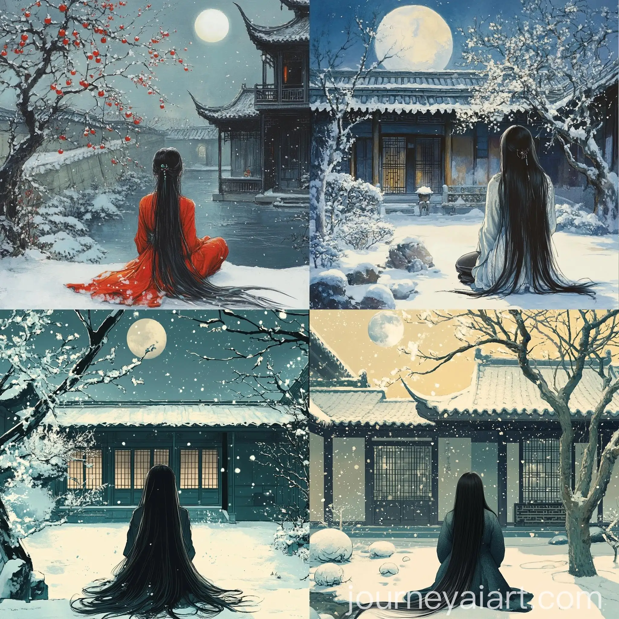 Asian-Woman-in-Snowy-Garden-under-Plum-Tree-at-Night