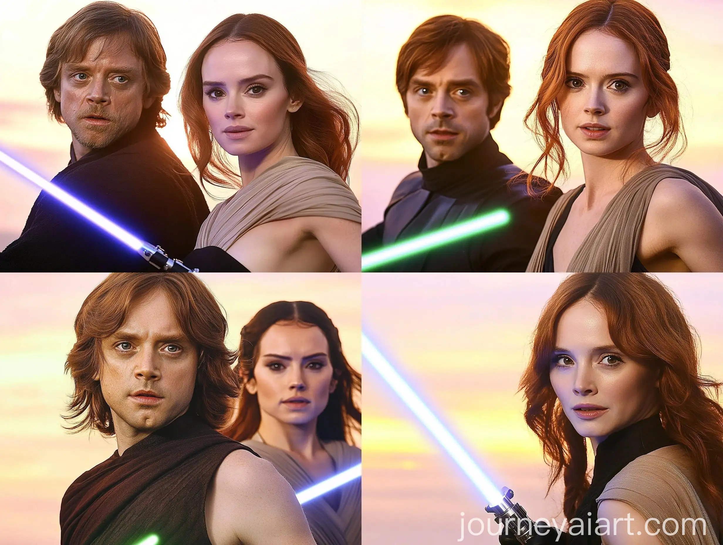 Young-Luke-Skywalker-and-Mara-Jade-Dueling-with-Lightsabers-at-Sunset
