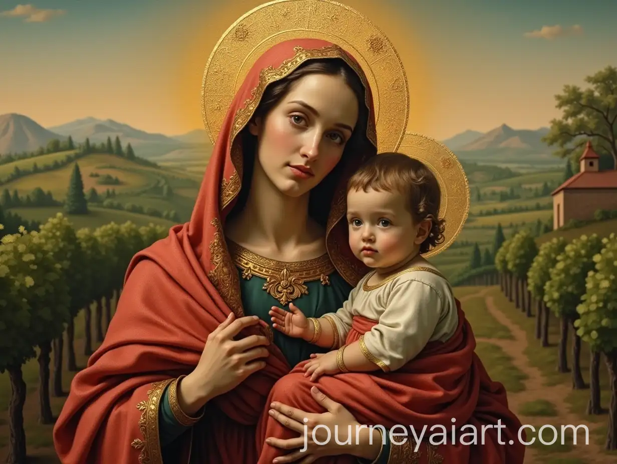 Virgin-of-the-VineAI-Image-Prompt-Expansionyards-of-Tomelloso-Holding-Her-Child-in-a-Serene-Landscape