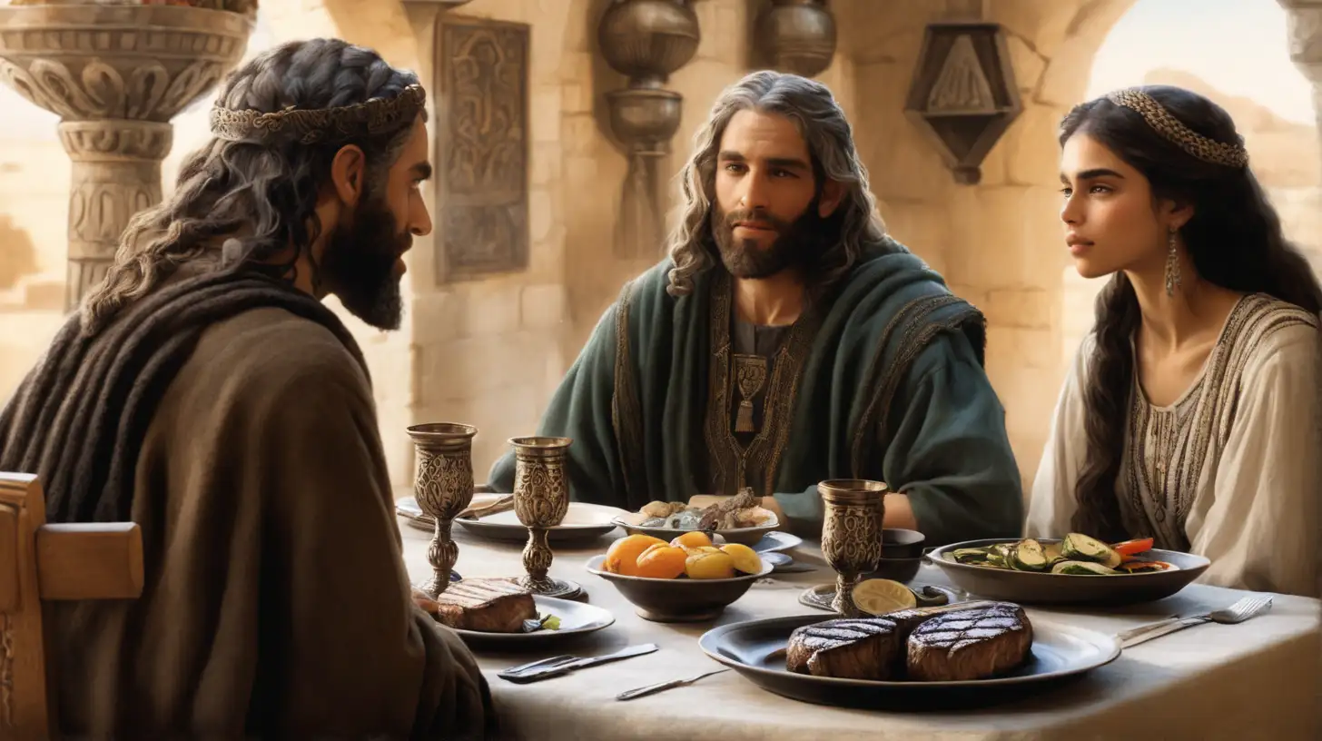 Hebrew Couple Dining with Grilled Steaks in Biblical Era Setting