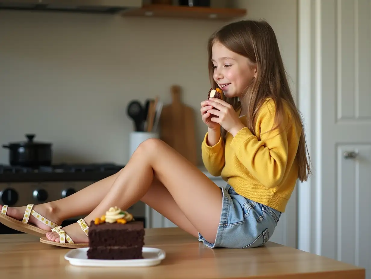 Playful-Girl-Enjoying-Chocolate-Cake-in-the-Kitchen