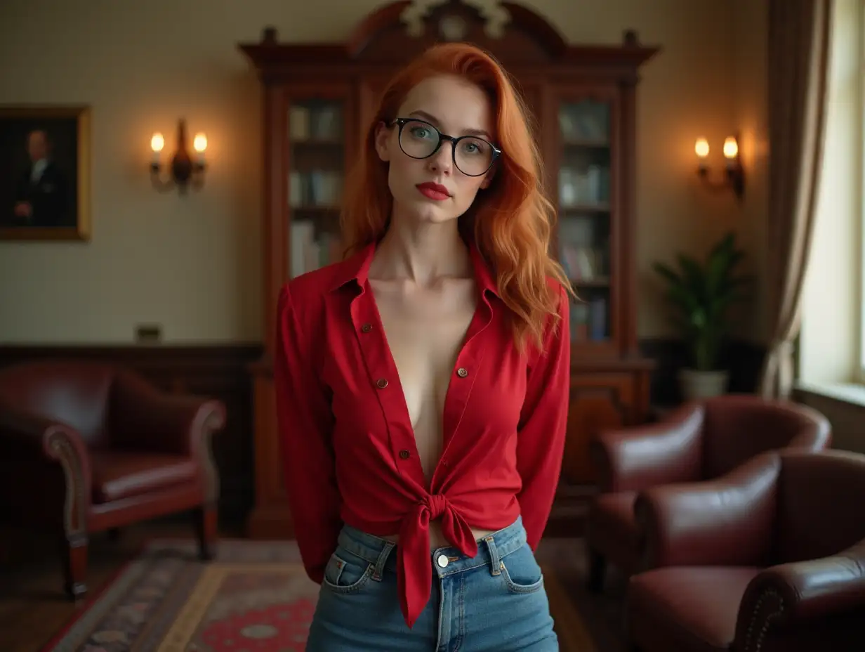 18YearOld-Parliamentary-Assistant-in-a-Deputys-Office-with-Venetian-Red-Hair-and-Red-Blouse