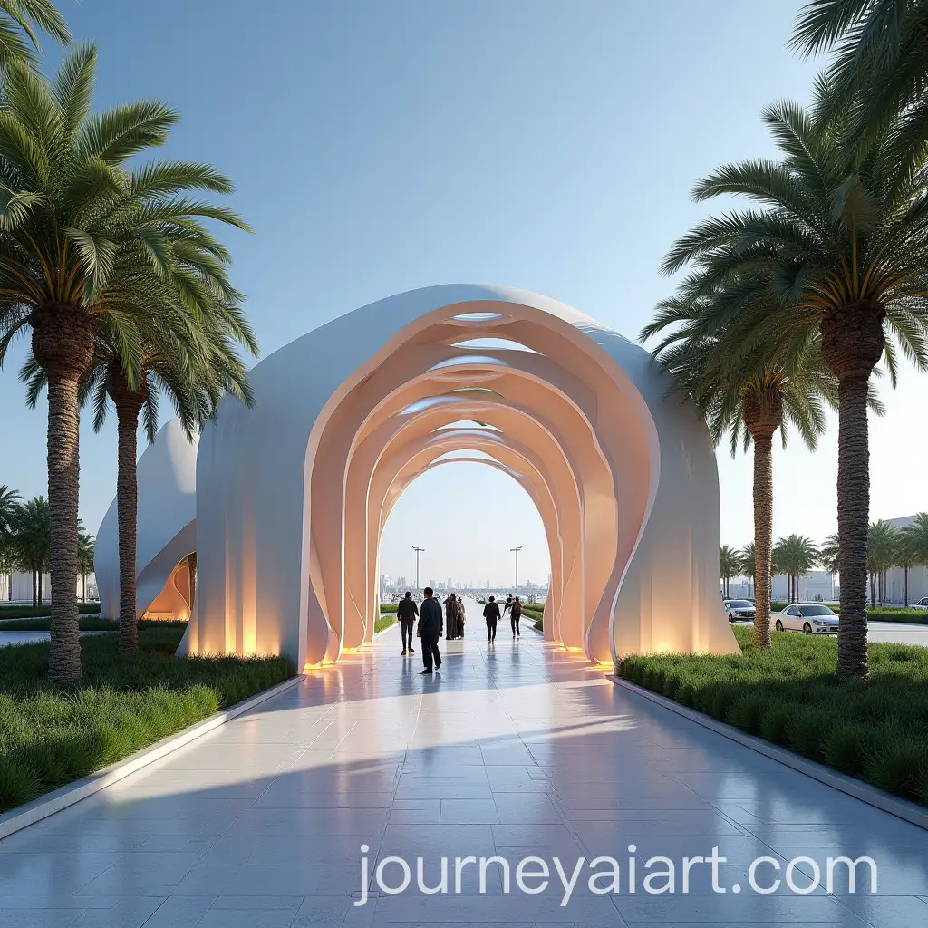 Saadiyat-Island-Cultural-District-Inspired-Exhibition-Stand-Entrance-with-LED-Tunnel-and-Palm-Trees