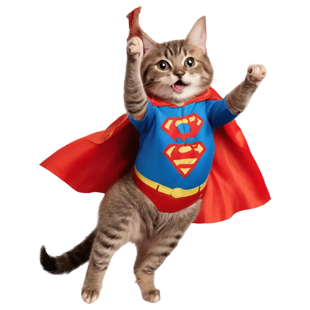 a cat being funny flying in the sky saying meow WEARING SUPERMAN COSTUME