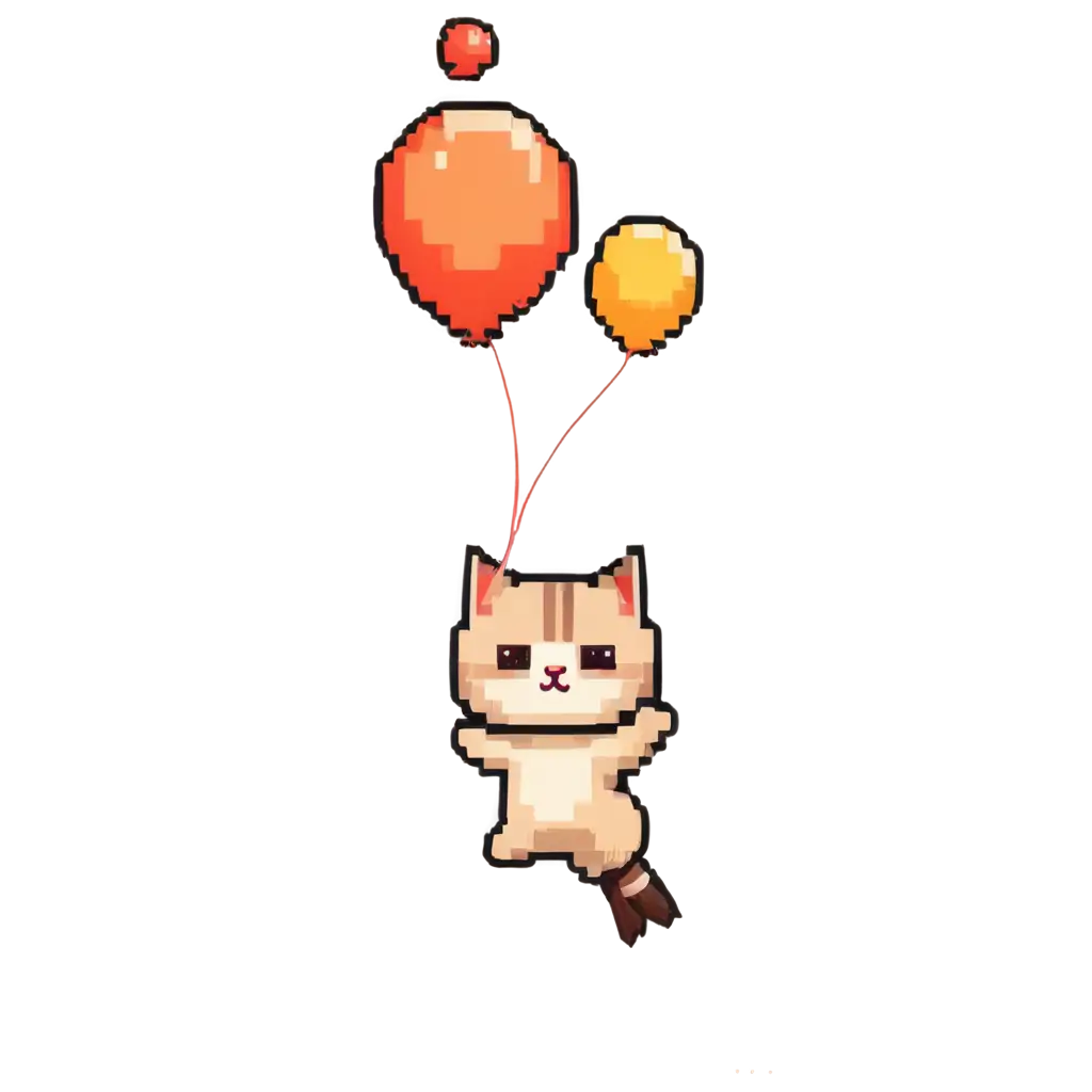 cute pixel art cat flying on a balloon