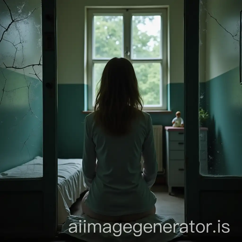 Young-Woman-in-Psychiatric-Room-with-Doll-Behind-Broken-Glass