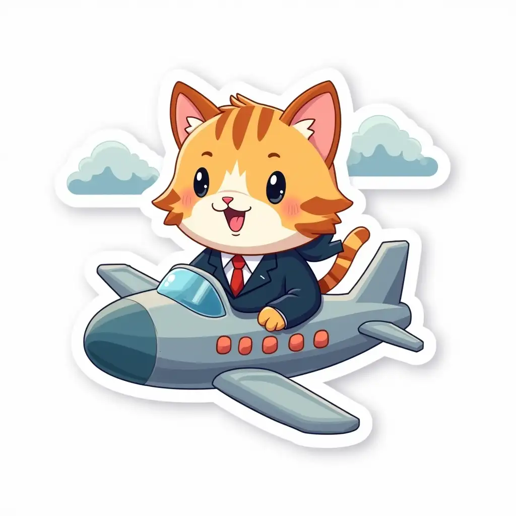 Curvilinearly cut UV laminated sticker depicting cute little cat in a business suit is flying from above riding an airplane between the clouds. cut sticker design, high resolution, white background, paint in anime style