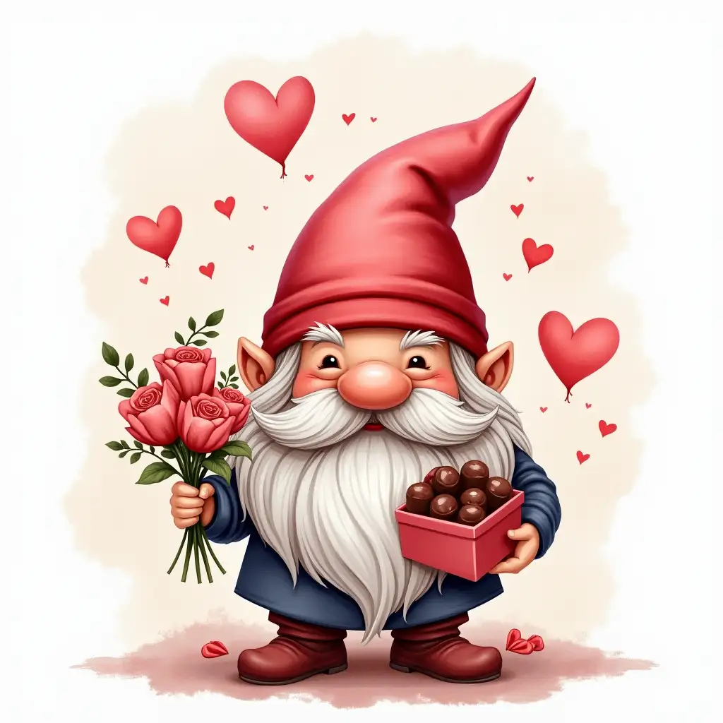 Charming Gnome with Chocolates and Flowers in a Romantic Setting