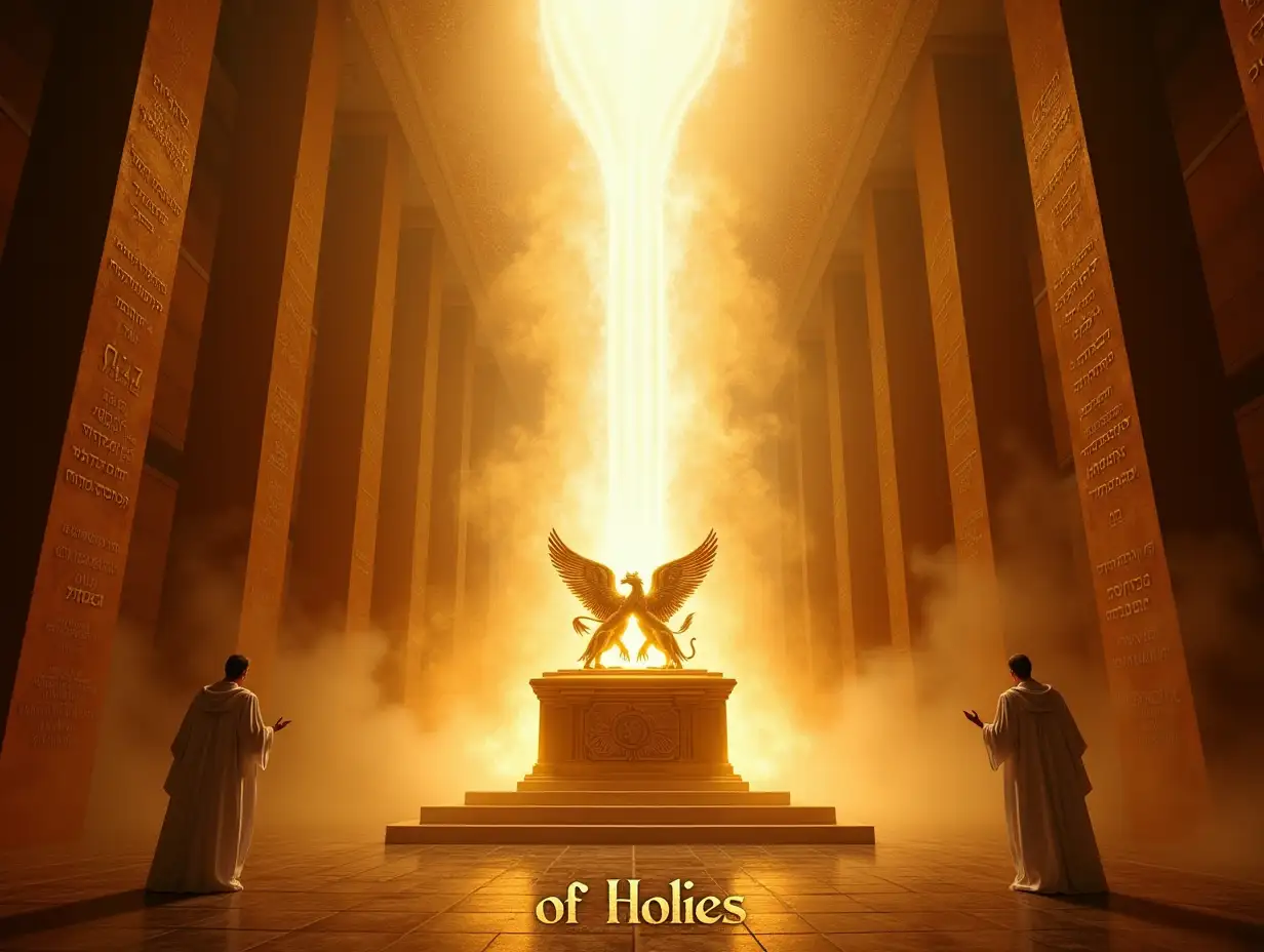 A breathtaking vision of the Holy of Holies, the sacred inner chamber of Yahuah’s temple. A massive golden Ark of the Covenant rests at the center, its cherubim wings touching, glowing with divine energy. A brilliant white light descends from above, symbolizing Yahuah’s presence filling the temple.nnThe walls of the temple are lined with gold, covered in intricate Hebrew inscriptions, radiating an aura of absolute holiness. Golden incense smoke rises, filling the air with an ethereal glow.nnTwo high priests dressed in white linen garments stand in reverence, their faces bowed to the ground in awe. The veil of the temple, torn from top to bottom, is illuminated by an otherworldly glow, signifying Yahusha’s ultimate sacrifice.nnThe color scheme is rich gold, deep crimson, and blinding white light, creating an atmosphere of awe and divine purity.nnAt the bottom, the title 'Holy of Holies' is written in sacred gold calligraphy, resembling ancient Hebrew lettering, giving it a timeless, reverent feel.