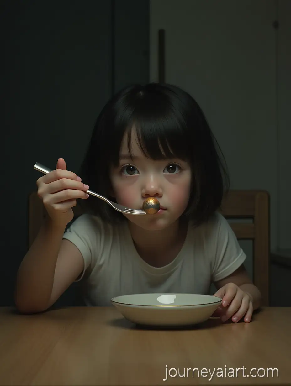 Surreal-Scene-of-Girl-Eating-a-Glowing-Mercury-Planet-with-Fork-in-a-Domestic-Setting