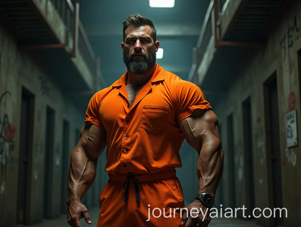Muscular-Bodybuilder-in-Orange-Prison-Jumpsuit-in-Gritty-Cell-Block