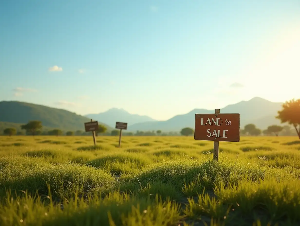 A panoramic view of a vacant, green plot of land in a sunny region of Cameroon, with hills or savannah in the background. The land is marked off with discreet stakes, with a stylish sign that says 'Land for Sale - Mabong'. Include a clear blue sky and golden light for a warm and welcoming ambiance. Style: photorealistic, wide perspective, promising atmosphere.