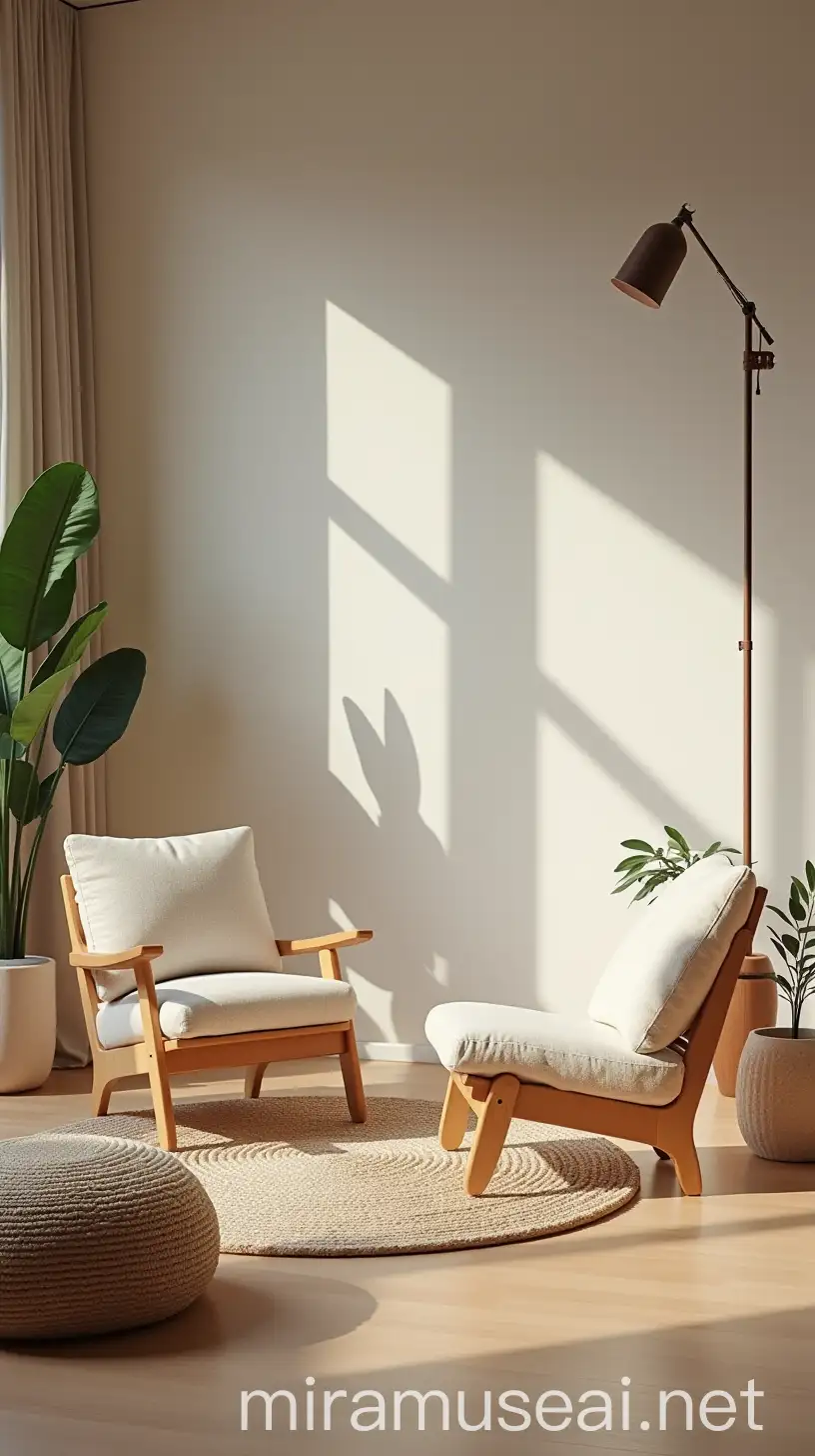 Cozy Modern Living Room Interior with Empty Backdrop and Studio Lighting