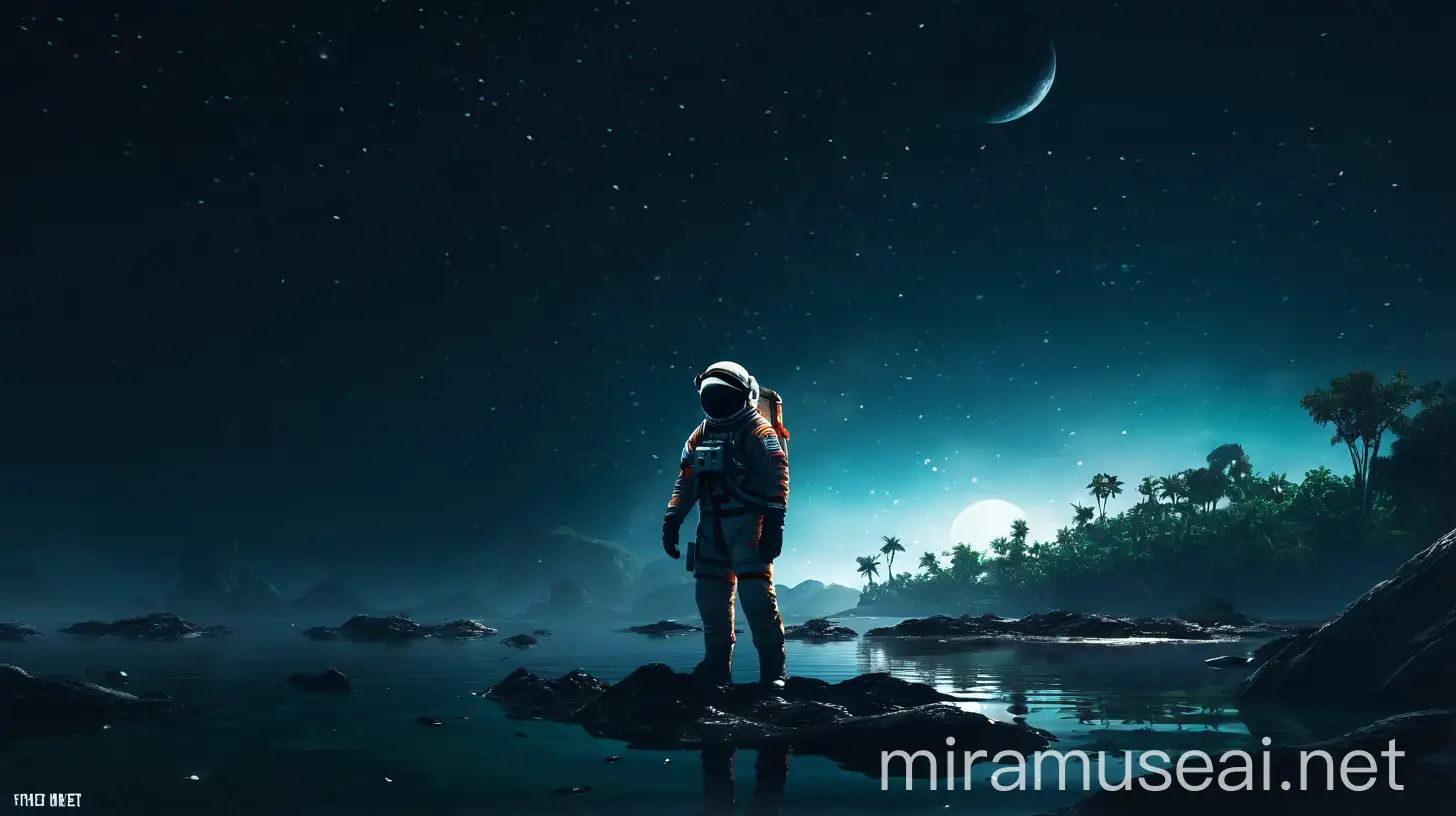 Solitary Astronaut Searching for Survival on Waterlogged Island