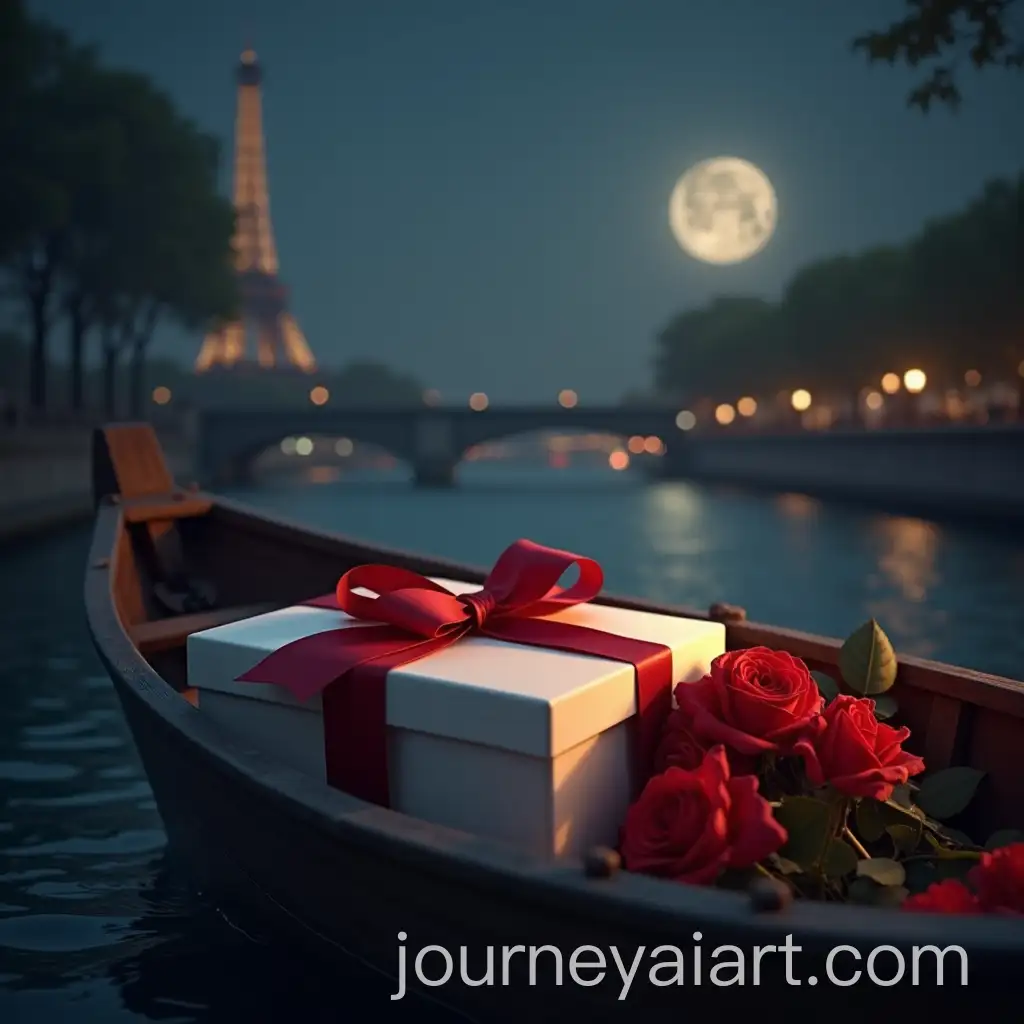 Gift-Box-with-Red-Ribbon-and-Roses-on-a-Wooden-Boat-in-Paris-by-Moonlight