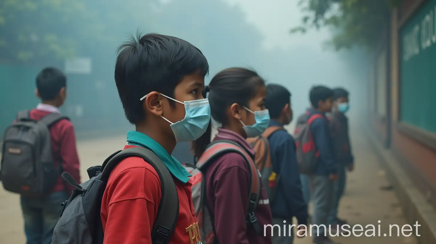 focus on Indian school kids, wear mask, return from school, write 'school closed' on board in background, smoke and pollution around