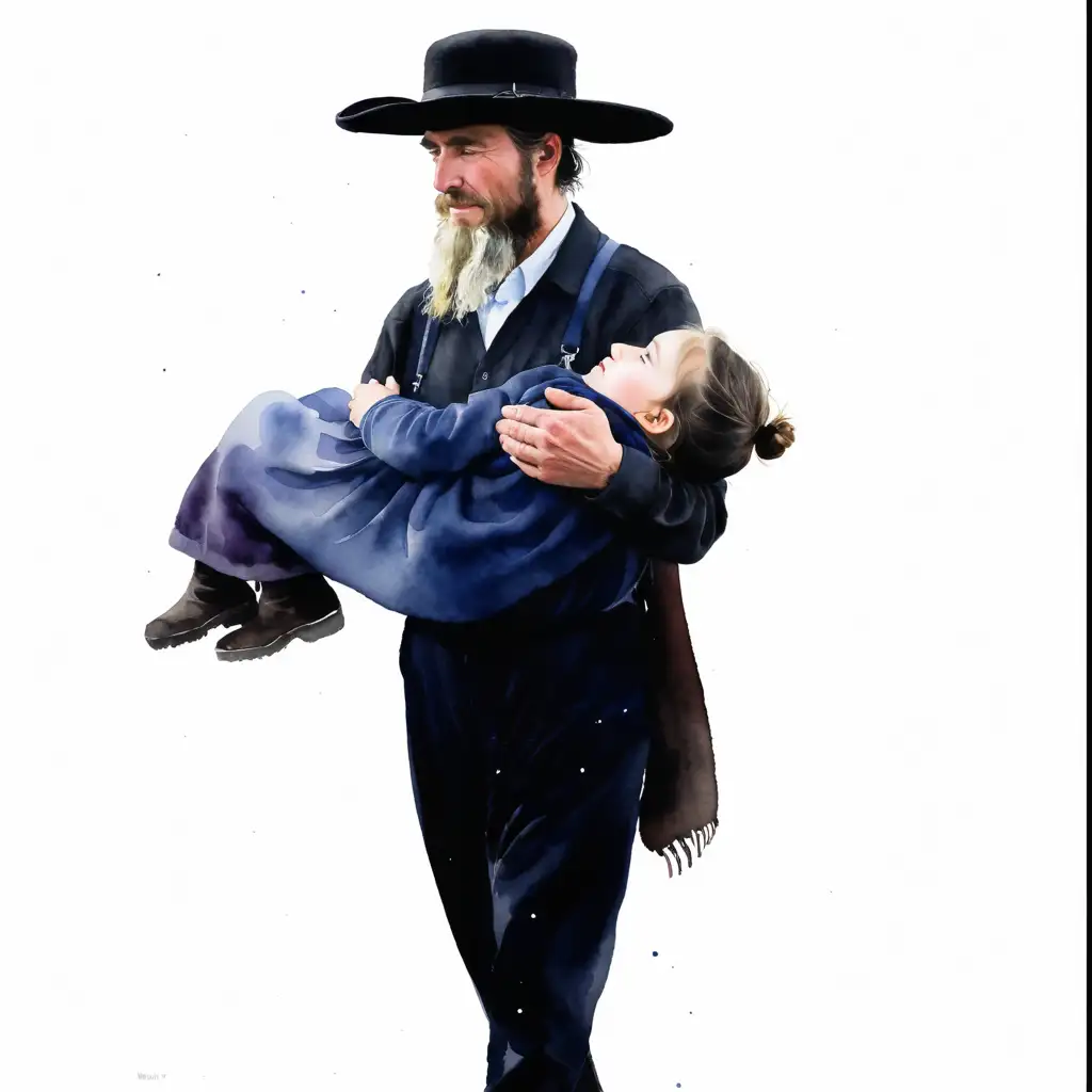 Amish Father Carrying Hurt Daughter in Winter Watercolor Art