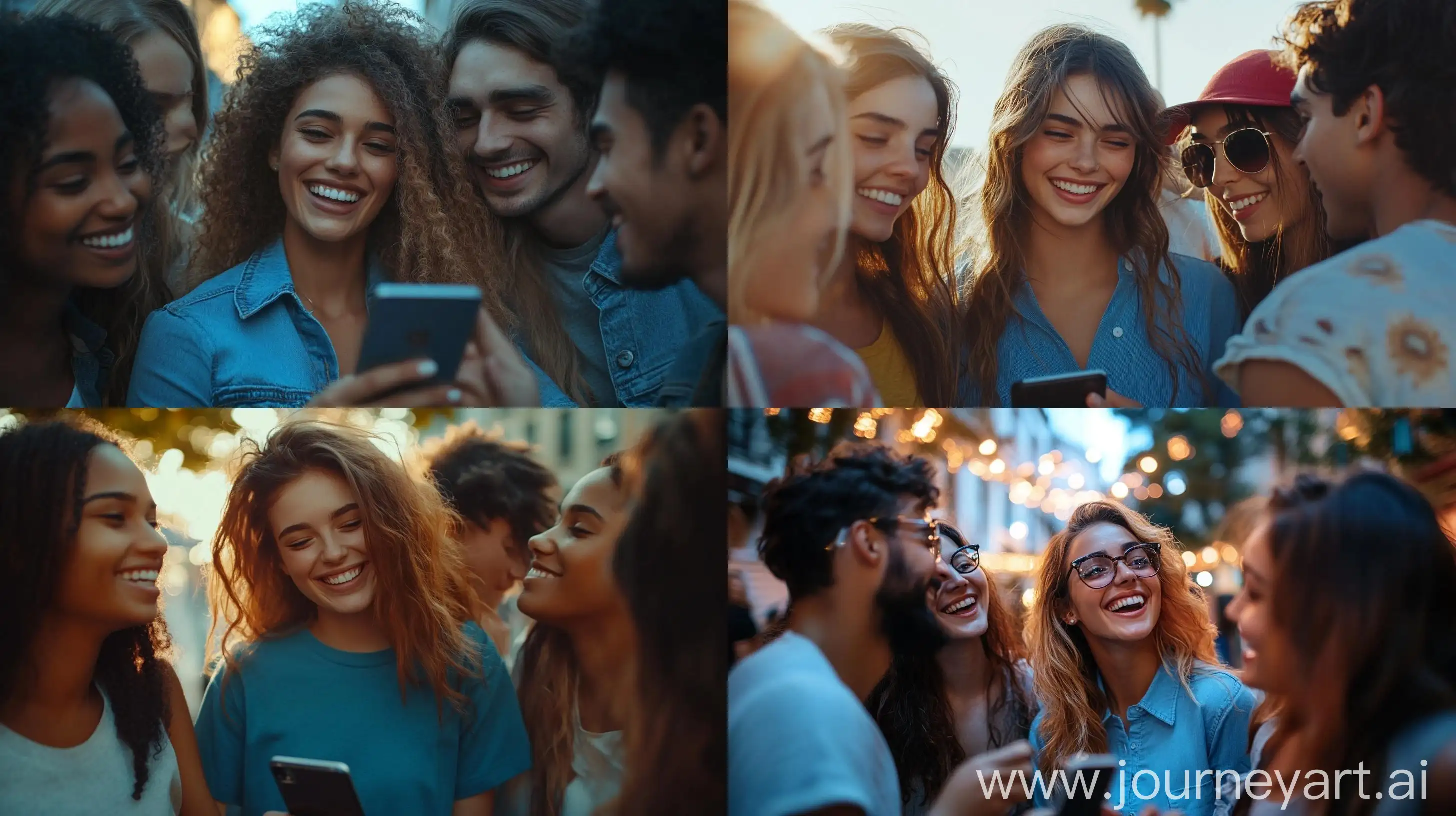 Group-of-Friends-Smiling-at-Phone-in-Cinematic-Light