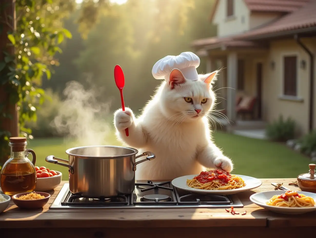 A very large fluffy white anthropomorphic cat, still in his slightly tilted white chef's hat, stands just behind a rustic wooden table in a large, attractive kitchen . In his huge right paw he holds a bright red plastic spatula, scooping freshly made pasta from the same large stainless steel pot he used earlier. The cat carefully transfers the paste into a clean, empty white ceramic plate, which he holds firmly in his left paw. Her left Paw is slightly to the left of the pot to make it convenient to apply the paste with her right Paw from the pot. The pot is on the gas stove next to the rustic wooden table, steam still coming from the dish that has just been cooked. A plate - the same one used for serving in the previous scenes - is waiting to be filled with pasta covered with thick tomato sauce. On the rustic wooden table are small bowls of grated parmesan, chili flakes and a jar of olive oil. The lush green garden and rustic houses in the background remain unchanged, while golden sunlight illuminates the scene. The cat's fluffy tail sways slightly as it concentrates on perfectly serving the dish, creating a warm and whimsical moment.