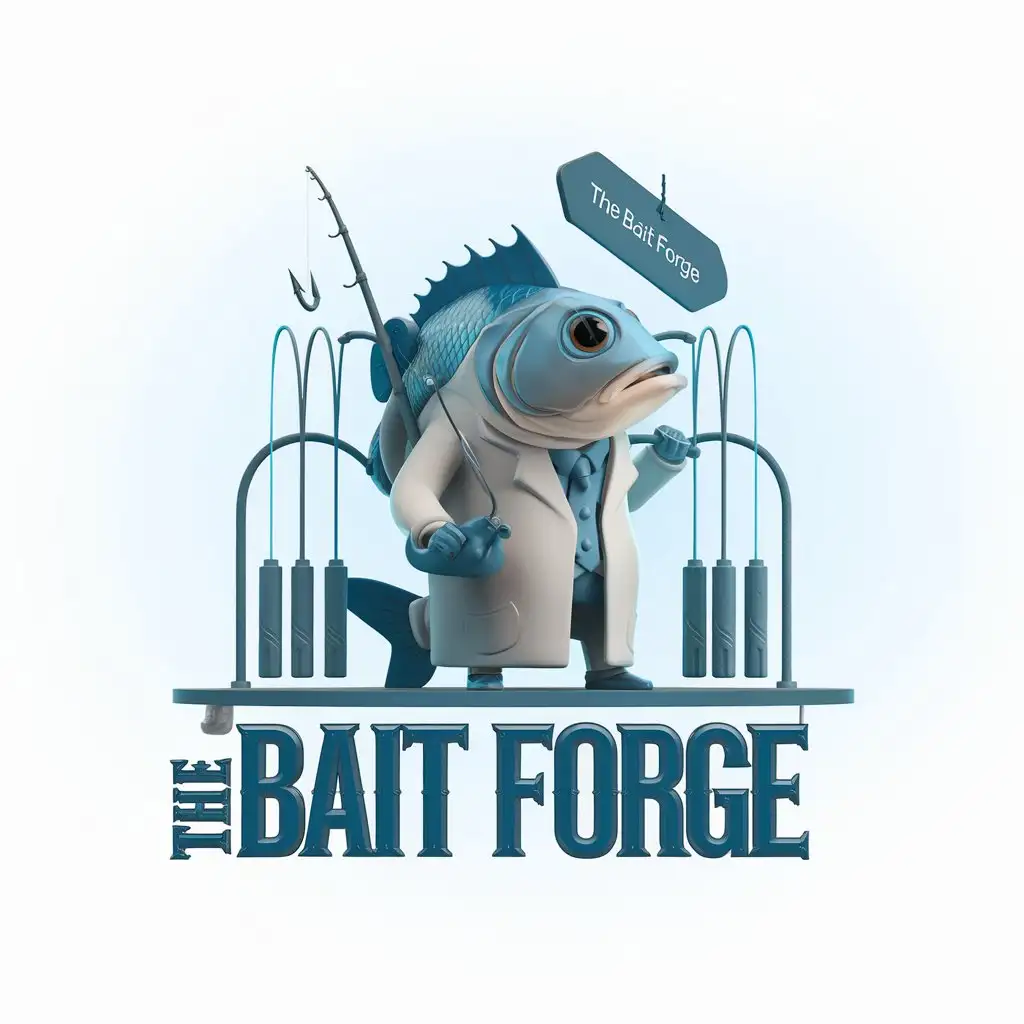 LOGO Design for The Bait Forge 3D Printer Fish in Lab Coat with Forge Symbol