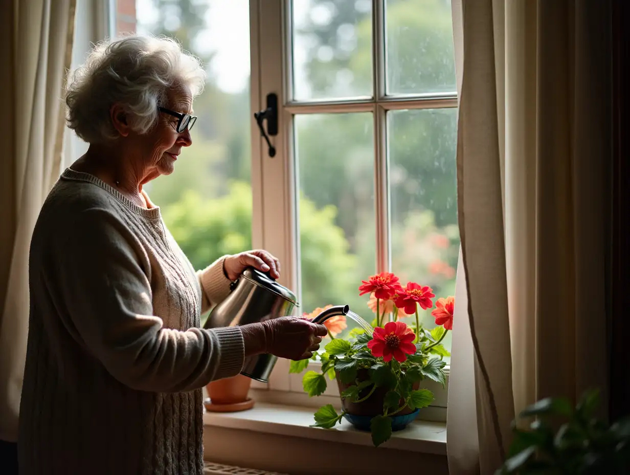 an old woman in glasses watering geraniums at the window