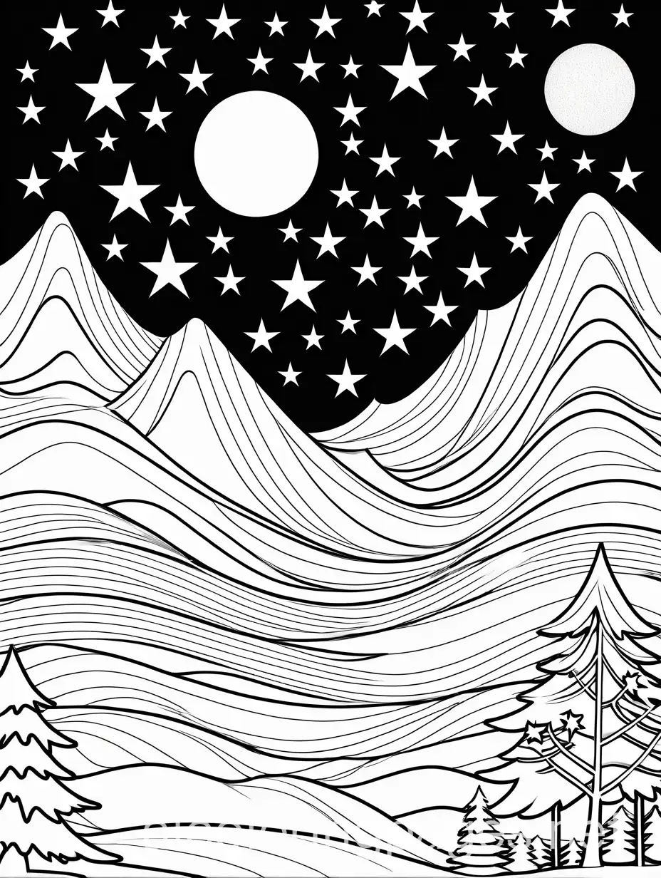 Starry Night Sky With Christmas stars and a bright moon , Coloring Page, black and white, line art, white background, Simplicity, Ample White Space. The background of the coloring page is plain white to make it easy for young children to color within the lines. The outlines of all the subjects are easy to distinguish, making it simple for kids to color without too much difficulty