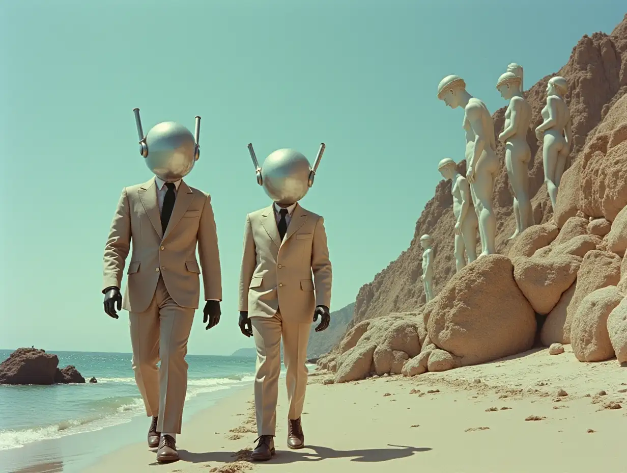 Realistic image two fantastic characters with metallic white heads not resembling anything, walking on the edge of a rocky beach to sculptures of another world enigmatic, sunny time, grotesque style, fantasy, absurd, 1960s cinema, Lanny Quarles style