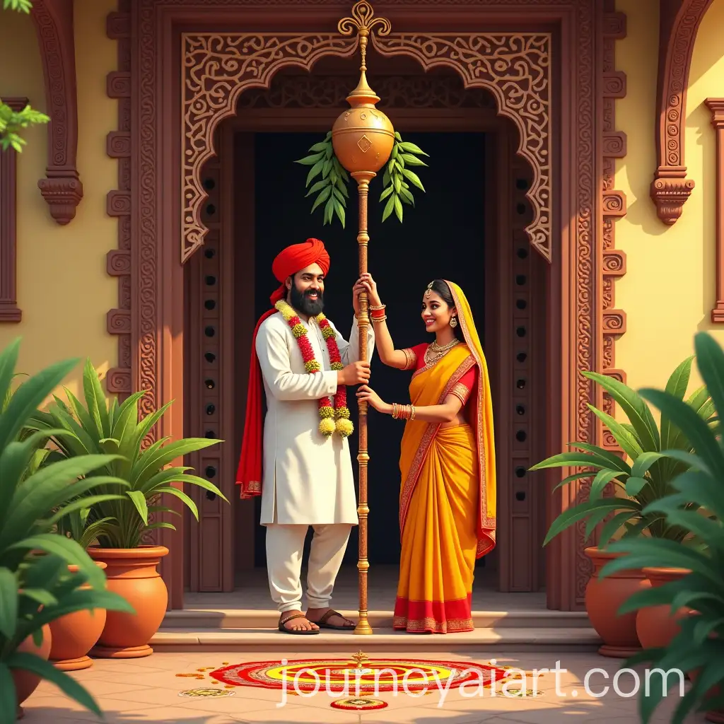 Marathi-Couple-Celebrating-Gudi-Padwa-in-Traditional-Hindu-Home-with-Festive-Decorations
