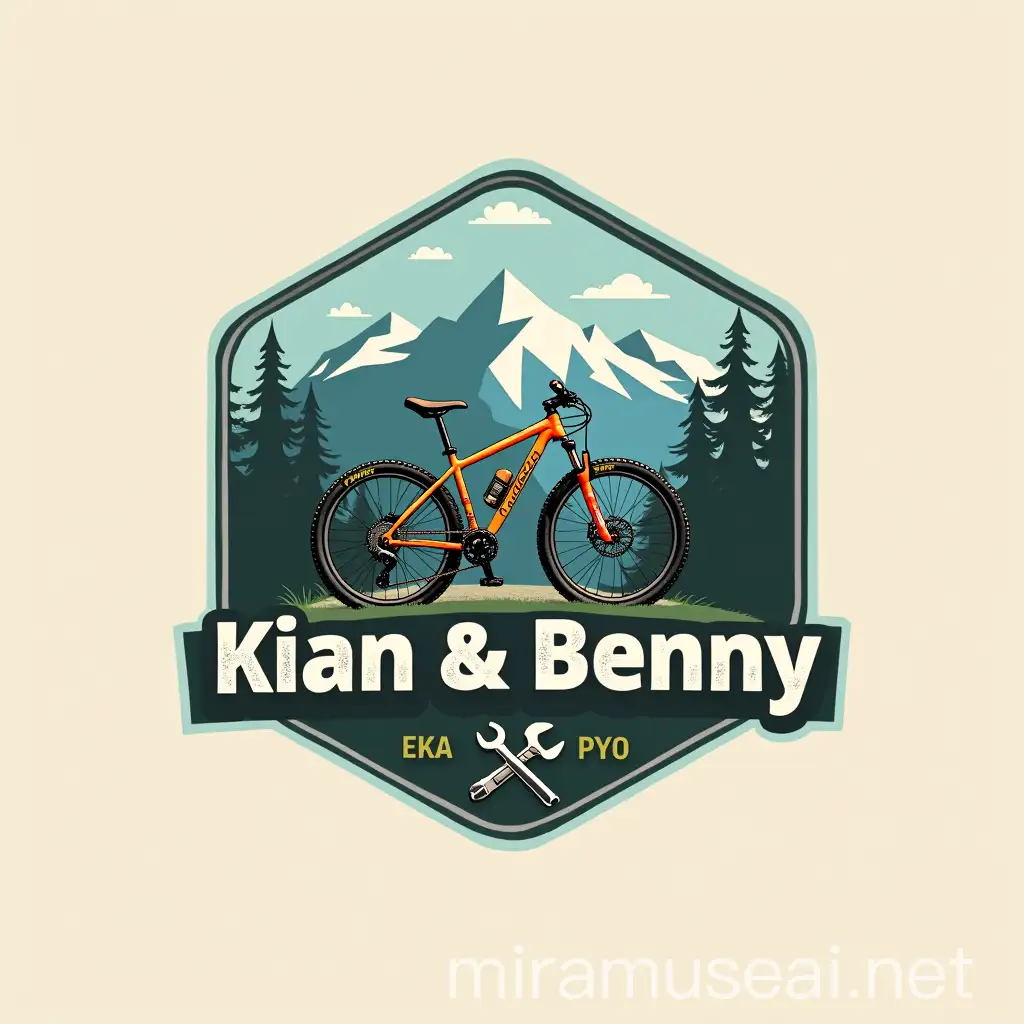 A bike shop logo with a MTB, mountain and tools, name of the brand Kian & Benny