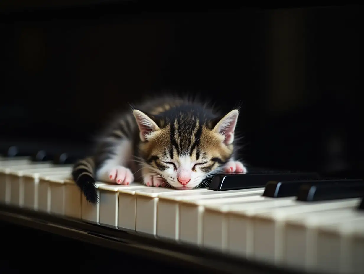 A small, fluffy black and white kitten peacefully sleeping on the keys of a classic black grand piano. The kitten is curled up adorably, its eyes closed, tiny paws tucked in, and its tail gently draped across the white and black piano keys. The soft fur contrasts beautifully with the polished, sleek surface of the piano. The overall lighting is soft and warm, highlighting the kitten's calm and delicate features. The mood is serene, cozy, and heartwarming—perfectly capturing the innocence and comfort of a kitten’s nap in an unexpected place.