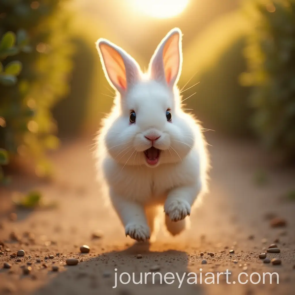 Fluffy-White-Bunny-Running-in-Sunlit-Path-with-Surprised-Expression