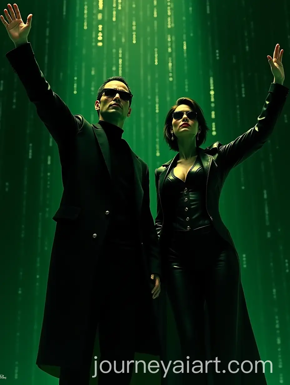Neo-and-Trinity-in-Heroic-Pose-with-Matrix-Green-Code-Background