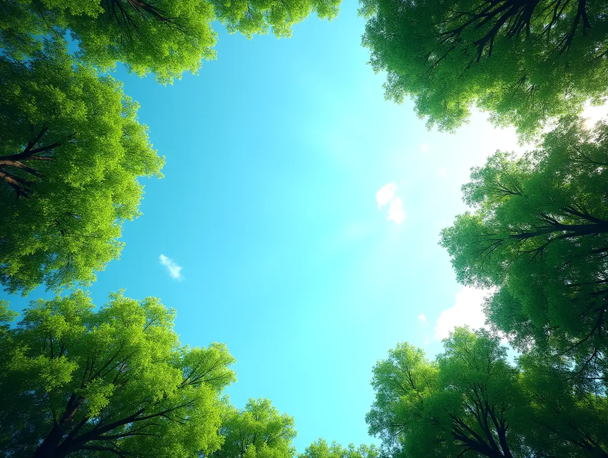 Lush green foliage set against a vibrant blue sky forming a beautiful nature scene with a canopy of towering trees framing the copy space image