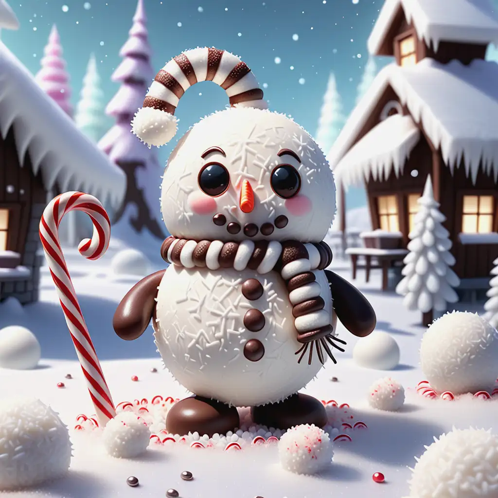 Playful Marshmallow Snowman in Chocolate Winter Landscape