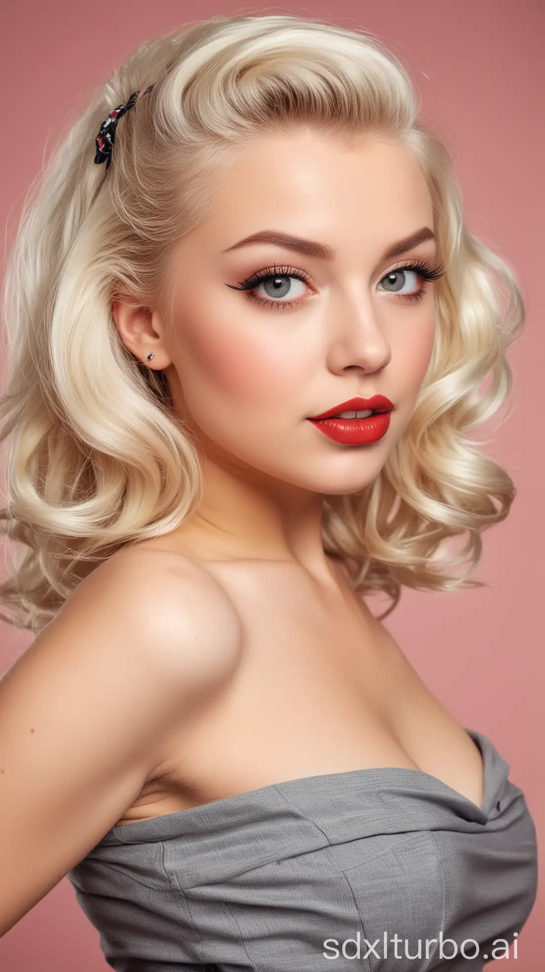 pretty blonde girl with white skin and gray eyes modeling in pin-up style