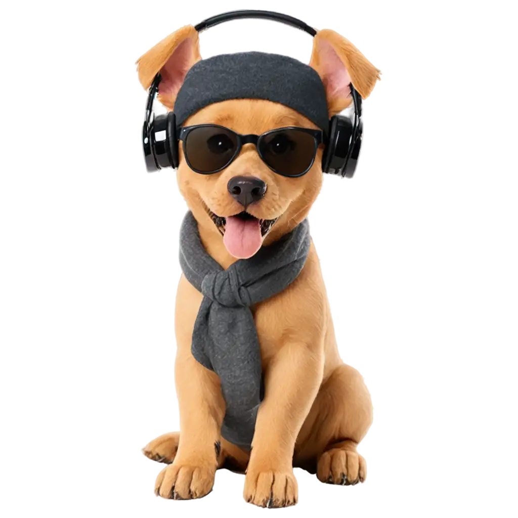 dog listen music with headset and wear sun glass. no need hand.