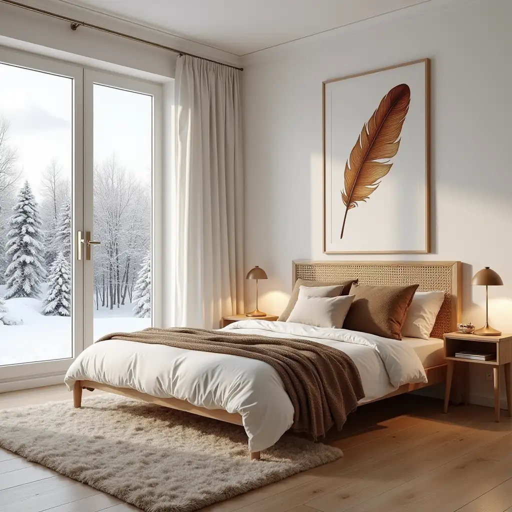 a warm room, measures 4x5 square meters, medium ceilings, white walls, large window overlooking a snowy mountain, and many trees . in the room there is a large bed of 2x2 , rattan backrest, with cushions in warm tones , brown, beige, white . the padding is white. on the sides of the bed there are thick carpets of sheep's wool, the entrance door is next to the bed . there are bedside tables in light brown with modern lamps nordic style, a picture behind the bed has a large bird feather drawn in light and warm colors