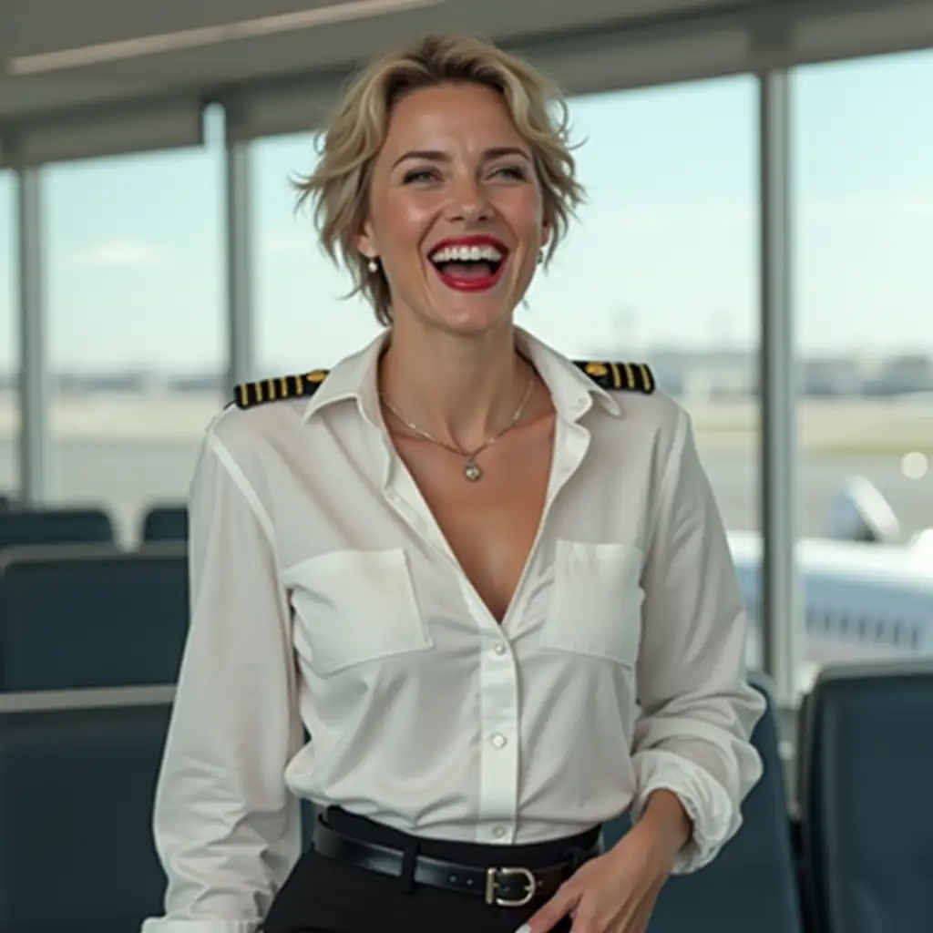 sweden lady , in white deep-necked pilot button shirt, decolte, laughing with her mouth open, red lipstick accentuating her smile,belt on waist, big wide hips, chest are fully grown, jewerly, short hair, HD, airport, photo-realism