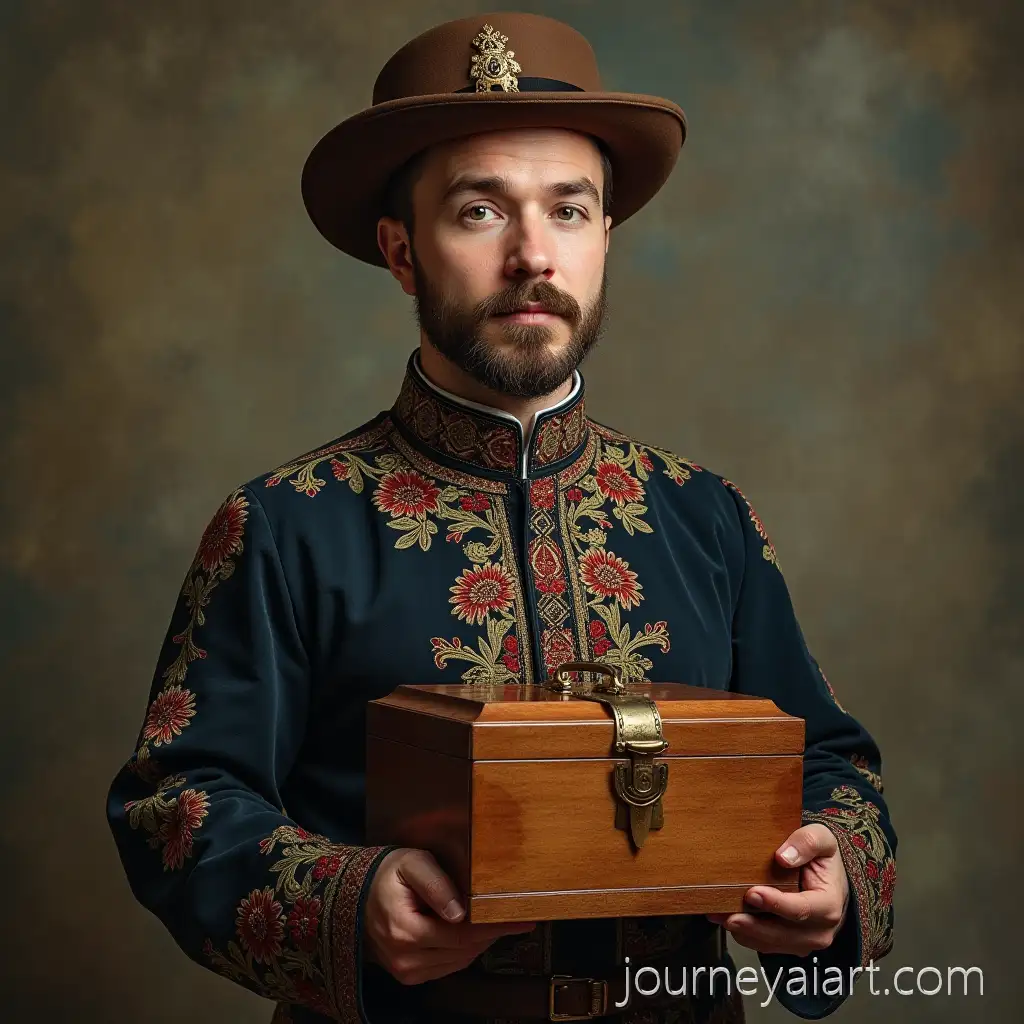 Colonel-Sanders-in-Traditional-Georgian-Outfit-Holding-Wooden-Sign-in-Comic-Style