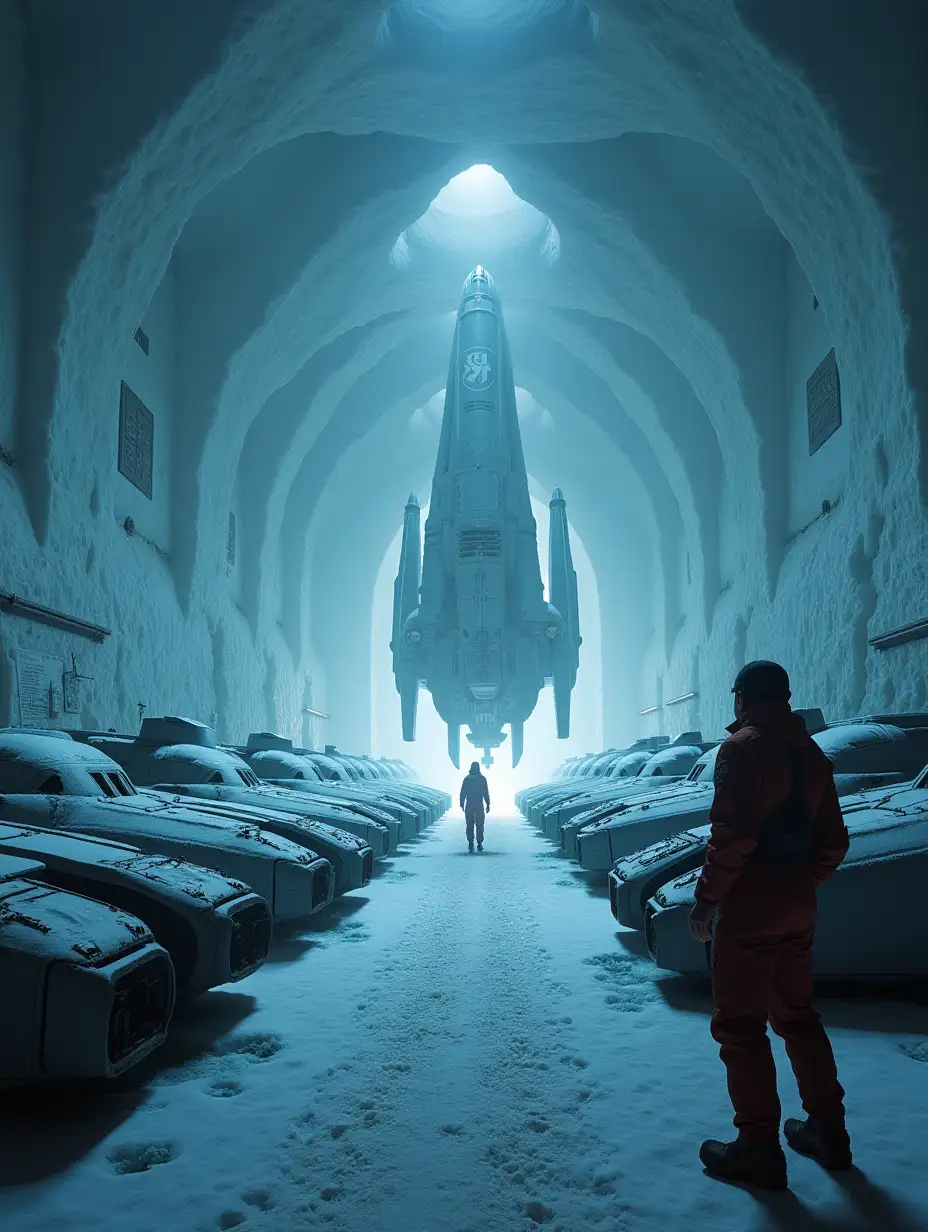 A cinematic representation of an advanced weapons vault within a secret Nazi base, discovered under the Antarctic ice. The room is enormous, with rows of futuristic-looking aircraft and tanks covered in frost, their sharp edges glinting under the explorers' lights. Symbols of Nazi regalia are etched onto the machines, alongside cryptic diagrams and blueprints pinned to icy walls. In the center, an enormous machine glows faintly, hinting at a devastating energy source. The explorers appear dwarfed by the scale of the technology, their faces a mixture of awe and unease as they capture evidence of this chilling find.