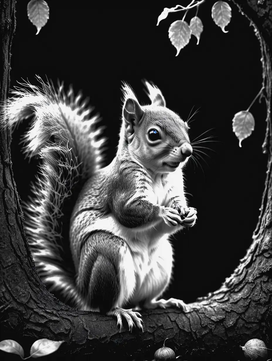 Monochrome Squirrel in Enchanted Forest