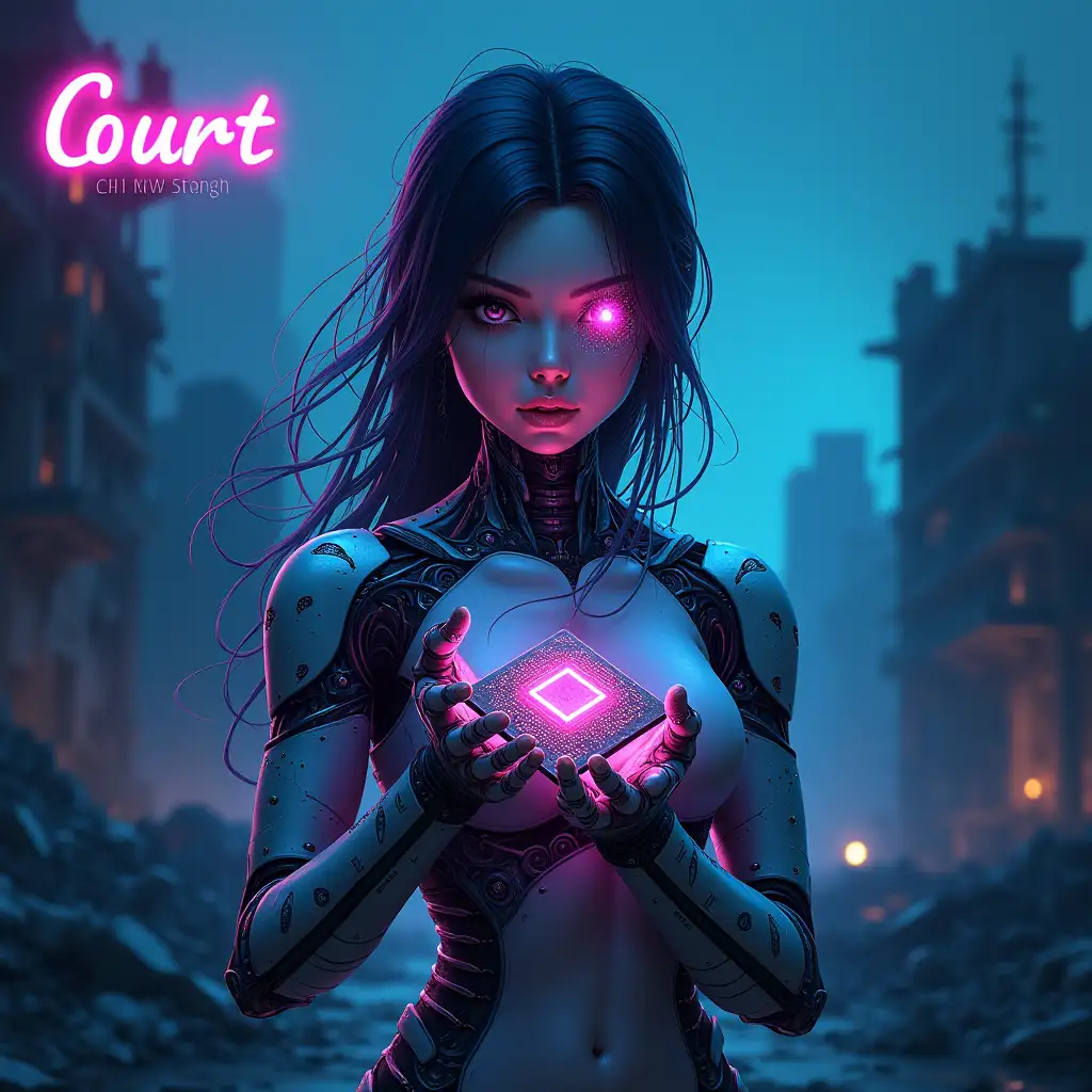 A cybergirl with mechanical limbs and a holographic display instead of an eye is depicted on the picture. She stands against a backdrop of a destroyed city, where remains of old buildings and technological structures can be seen. In her hands, she holds an old computer chip, symbolizing rebirth and a new start. Her face expresses determination and strength, while micro-particles and codes float around her, representing the connection between past and future. At the top of the image is a 'Court' logo done in neon sign style. The color scheme features dark blue and purple tones with bright neon accents.