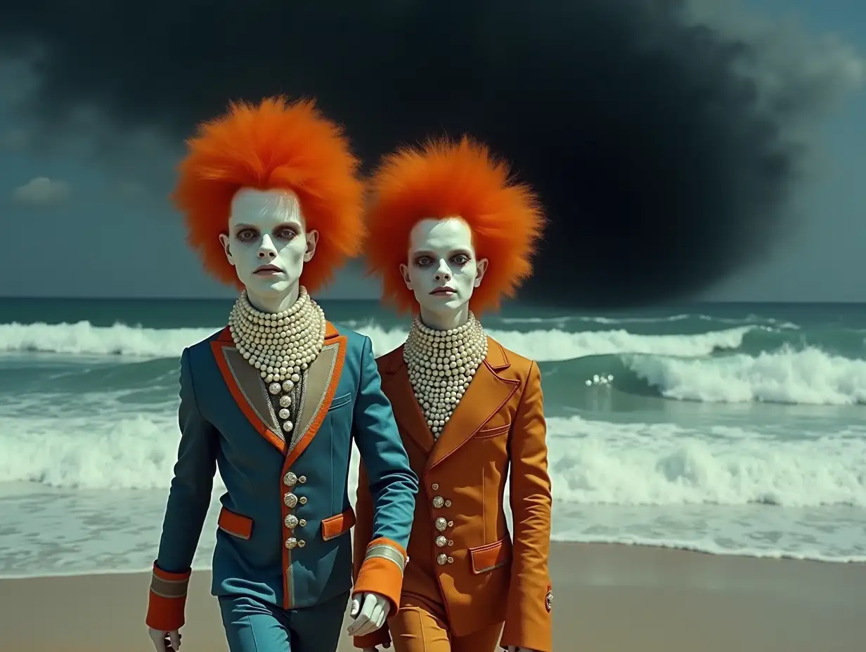 Surreal-Scene-of-Two-Men-with-Orange-Hair-on-a-Beach-Under-a-Dark-Sky