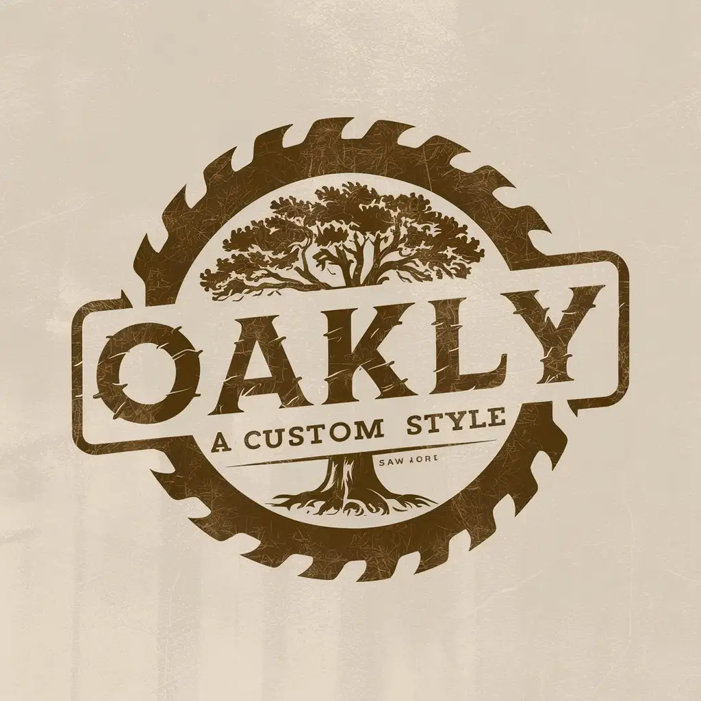 LOGO Design for Oakly Vintage Rustic Badge with Oak Tree and Saw Blade Elements