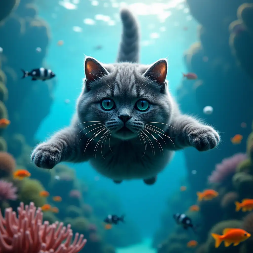 A hyper-realistic image of a Scottish Fold cat with dark gray fur swimming underwater. The cat's gaze is directed straight at the camera, creating a sense of connection with the viewer. Surrounding the cat is a vibrant and colorful underwater world, filled with lively coral reefs, schools of fish, and other marine life. The water is clear and calm, with soft light reflections highlighting the details of the cat's fur and face. High resolution, 4K, with sharpness and detailing that make the image as realistic as possible.