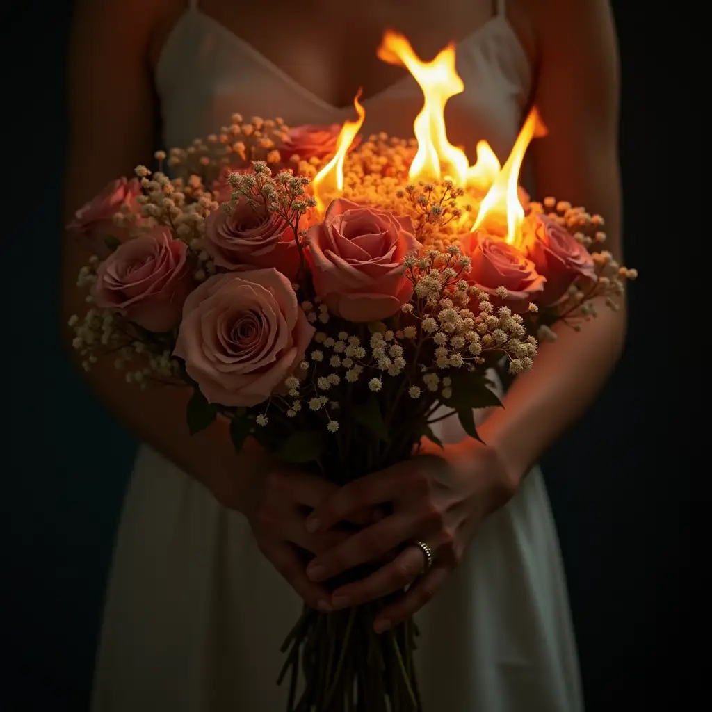 Burning-Dead-BouquetCloseup-of-Hands-Holding-a-Dried-Bouquet-of-Roses-and-Babys-Breath-on-Fire