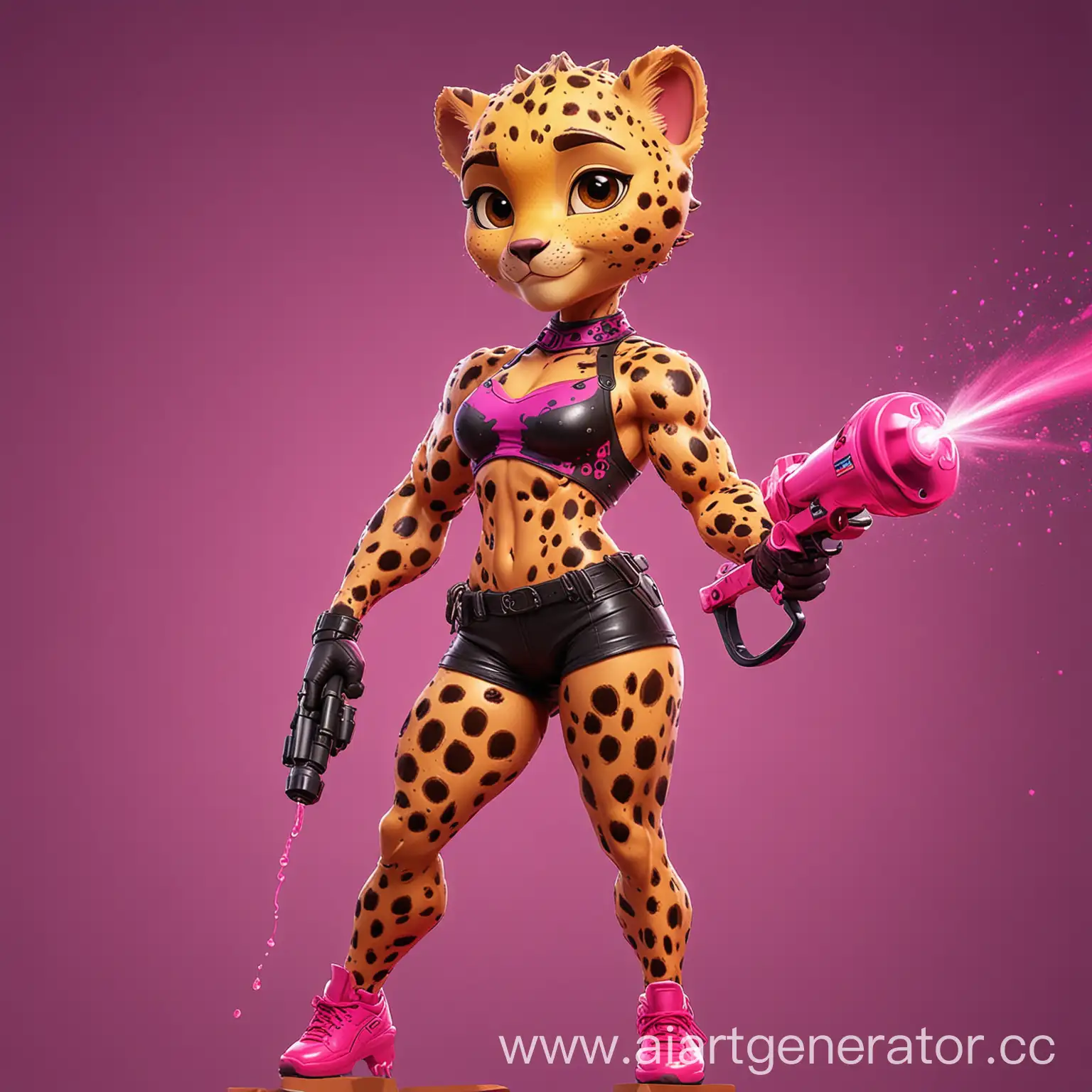 Muscular-Superhero-with-Cheetah-Patterns-and-Magenta-Spray-Gun-in-Action