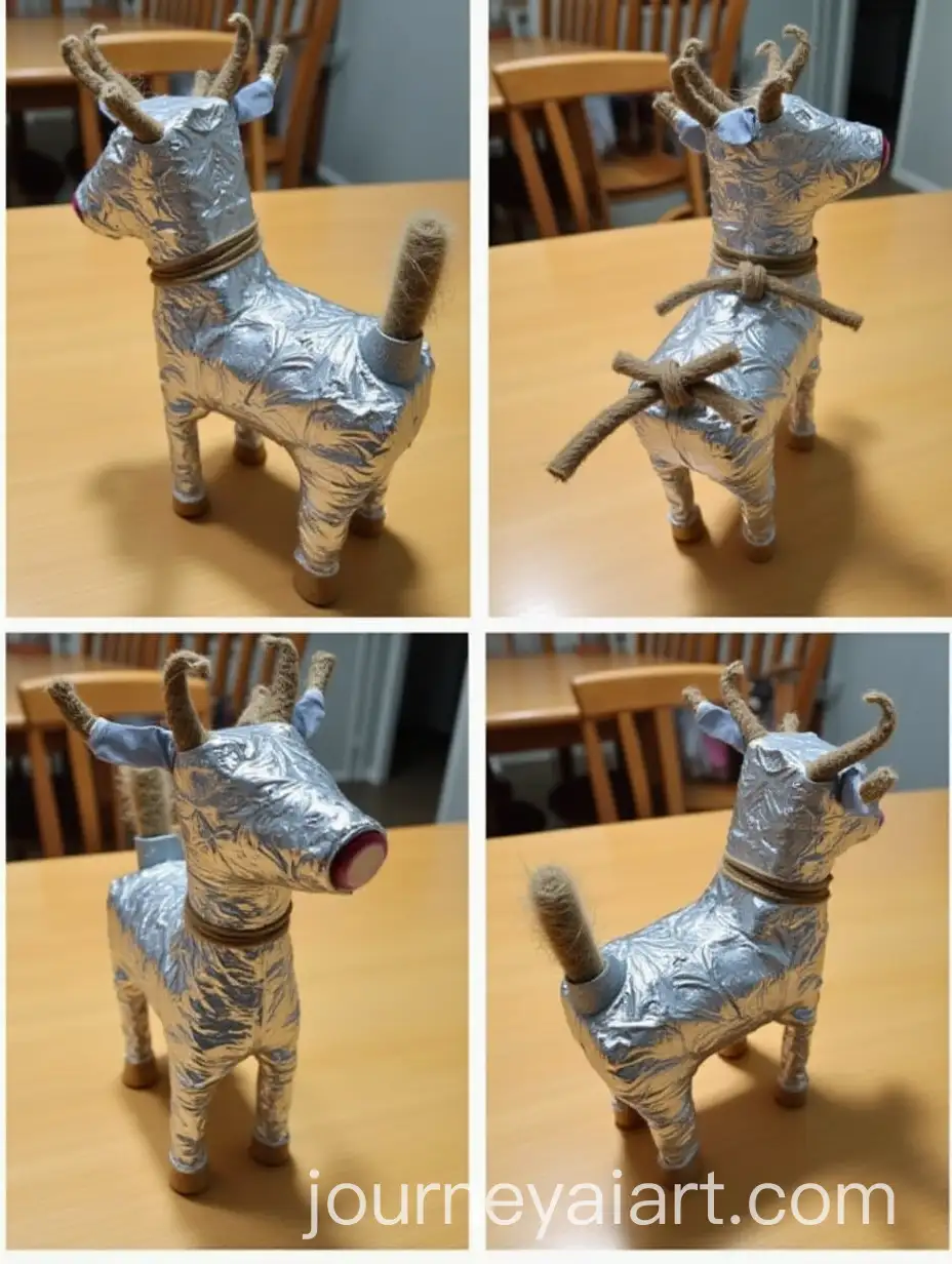Childrens-Craft-Deer-Made-from-Aluminum-Foil-and-Jute-Rope-on-Dining-Table