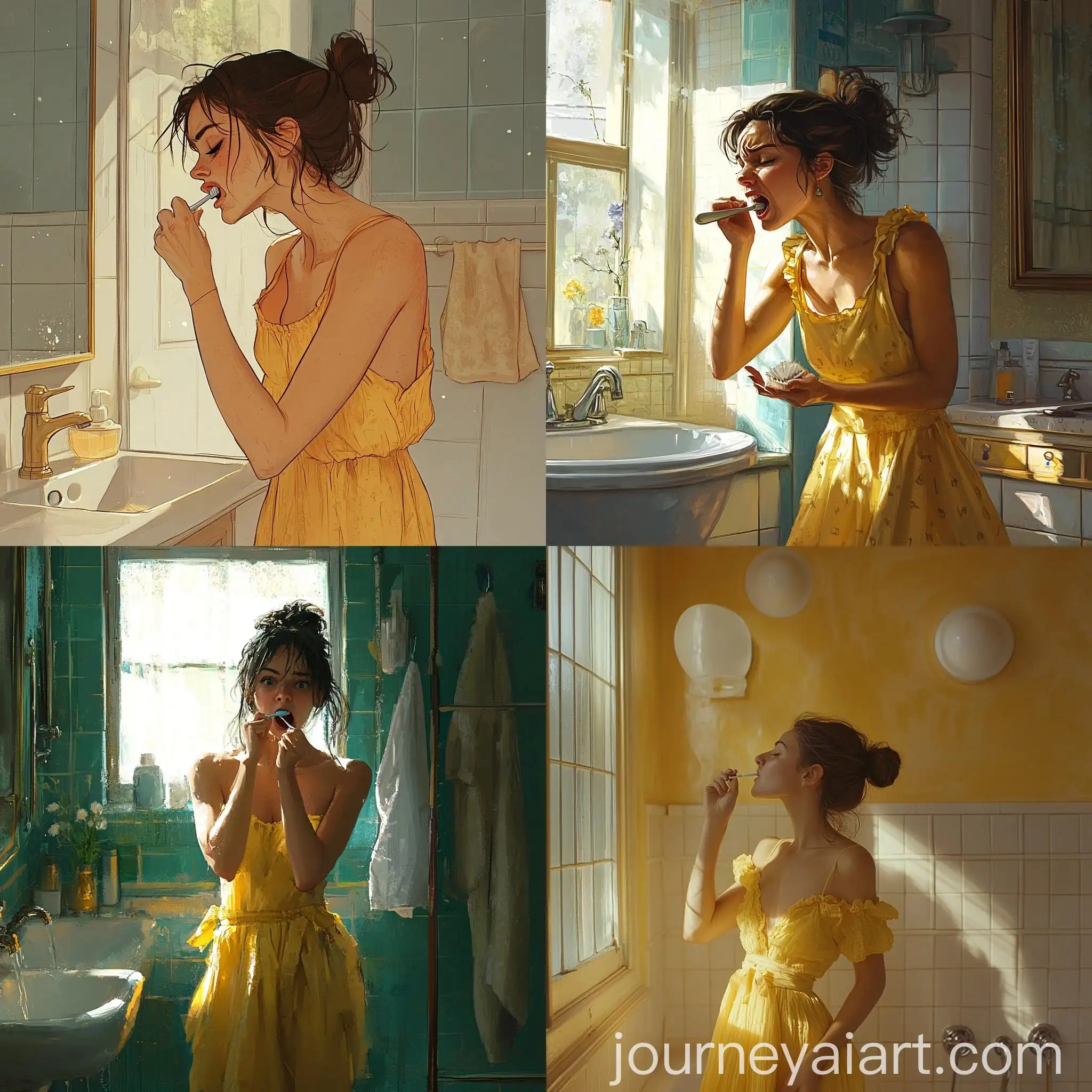 Impatient-Teenage-Girl-Brushing-Teeth-in-Morning-Bathroom