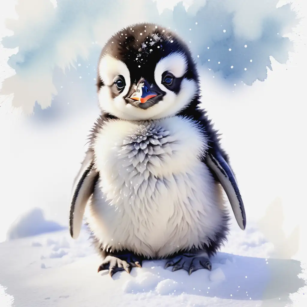 Fluffy Baby Penguin Sitting on Snow in Watercolor Style